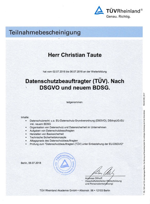Berliner Datenschutzbeauftragter Teilnahmebescheinigung TÜV Rheinland