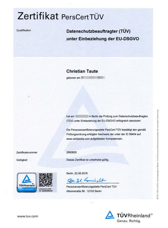Tüv Rheinland Zertifikat - Datenschutzbeauftragter Berlin